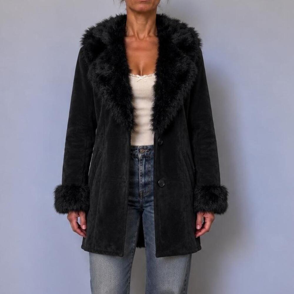 Vintage 2000s Black Genuine Suede Penny Lane Fur Coat Mobwife Made in Italy M